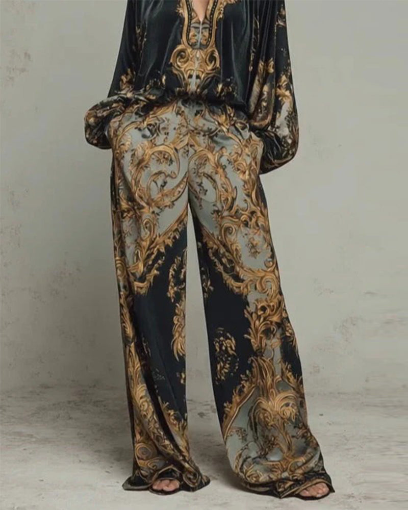 Ensemble Col En V Manche Lanterne Large Jambe Pantalon