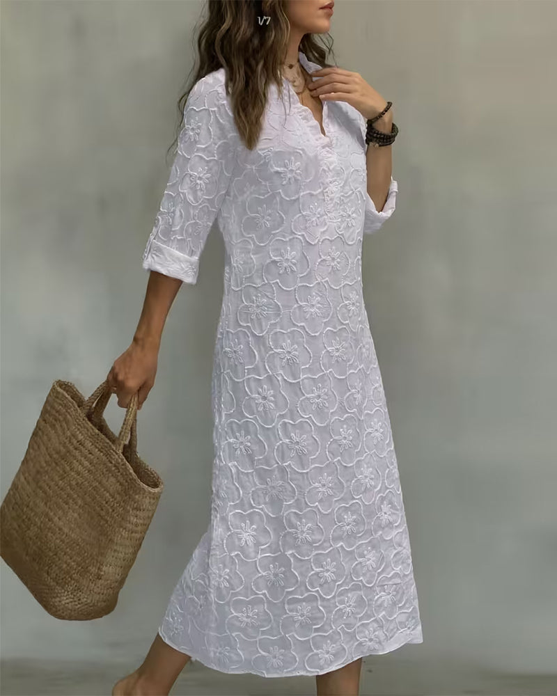 Robe Col V Dentelle Garniture Unie