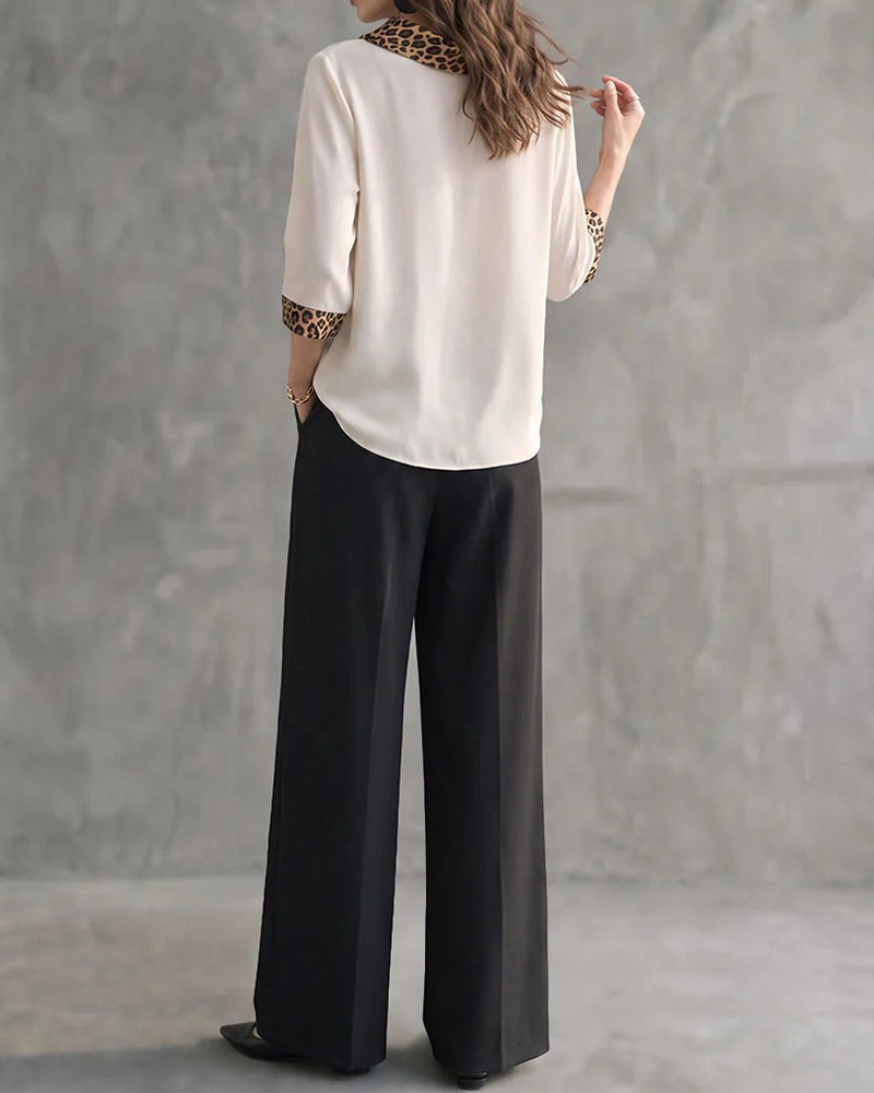 Blouse Léopard Panneau Col Drapé Manche Coude