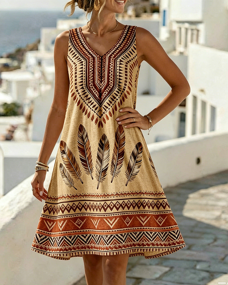 Robe Col-V Sans-Manches Imprimé Ethnique