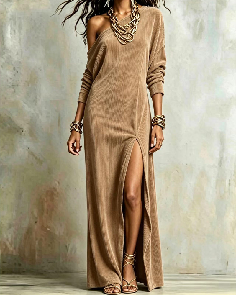 Robe Unie Une Épaule Fente