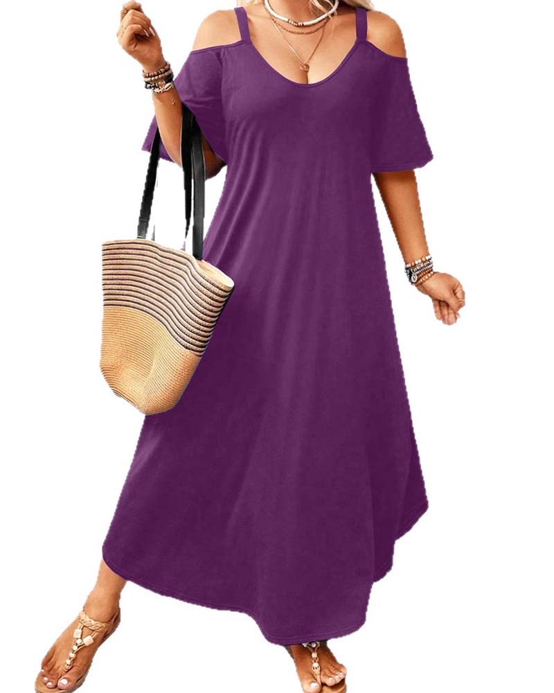 Robe Unie Col En V Épaules Dégagées Longue