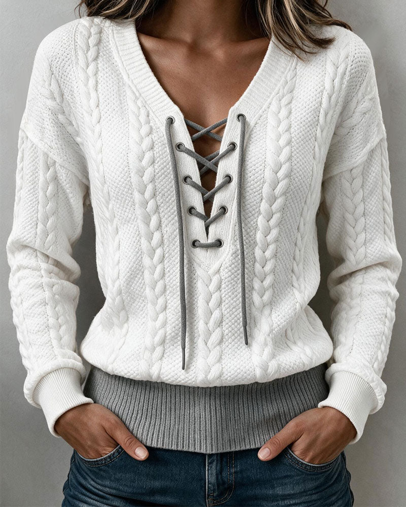 Blouse Col En V Lacet Torsadé Manches Longues