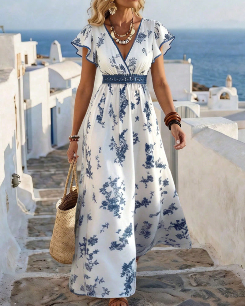 Robe Col V Taille Cintrée Florale Maxi