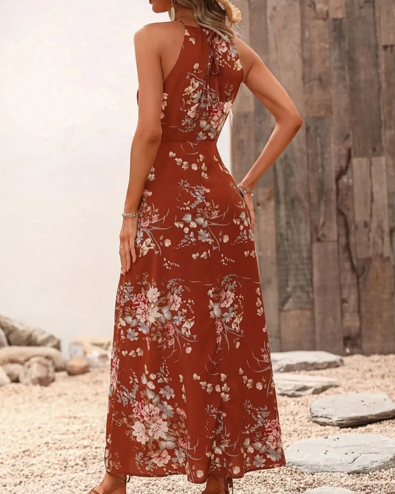 Robe Halterneck Fente Tailleur Imprimé Fleuri