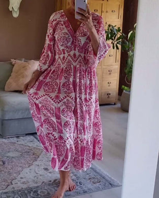 Robe élégante imprimée à col en V et manches cloche plissées