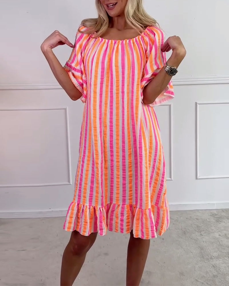 Robe Col Rond Rayée Plissée Coupe Droite