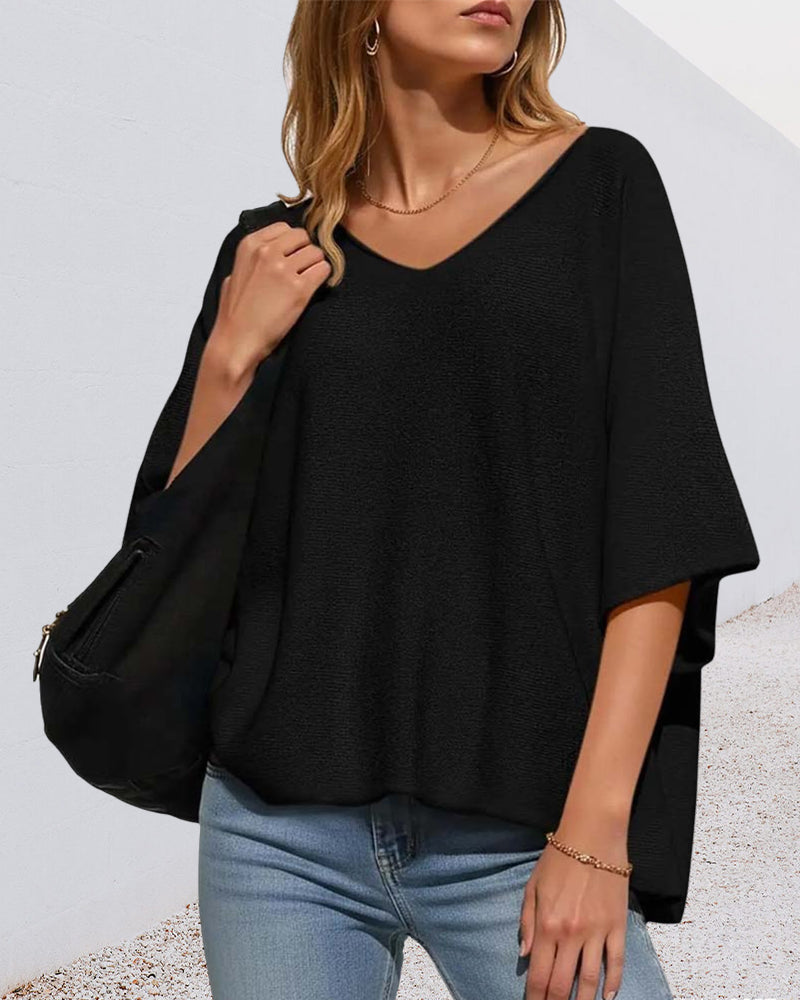 T-Shirt Col V Manche Chauve-Souris Unie