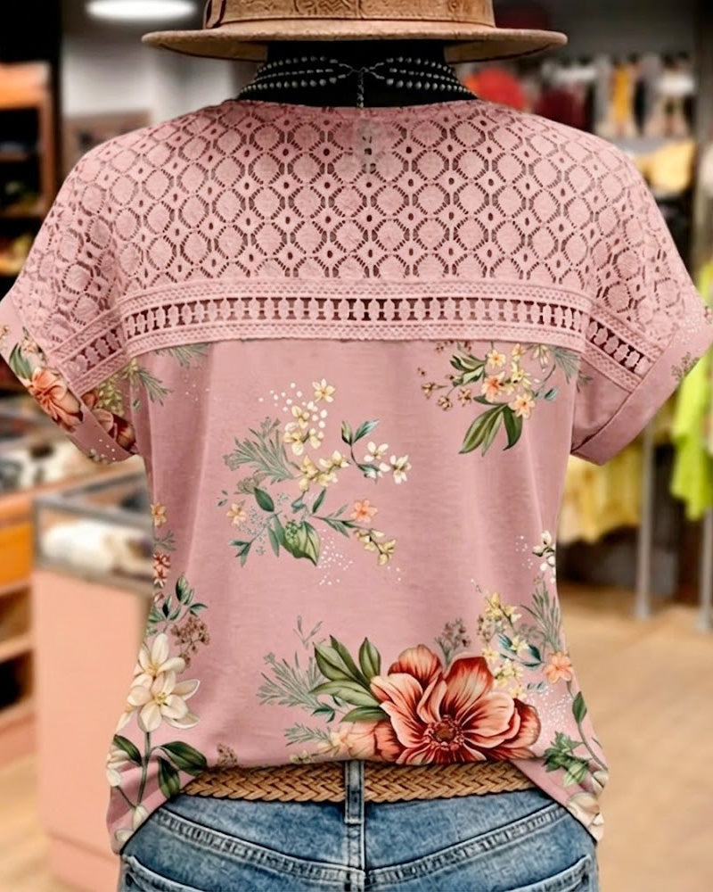 T-Shirt Découpé Patchwork Manches Courtes