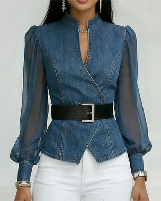 Blouse Élégante En Mesh Et Denim