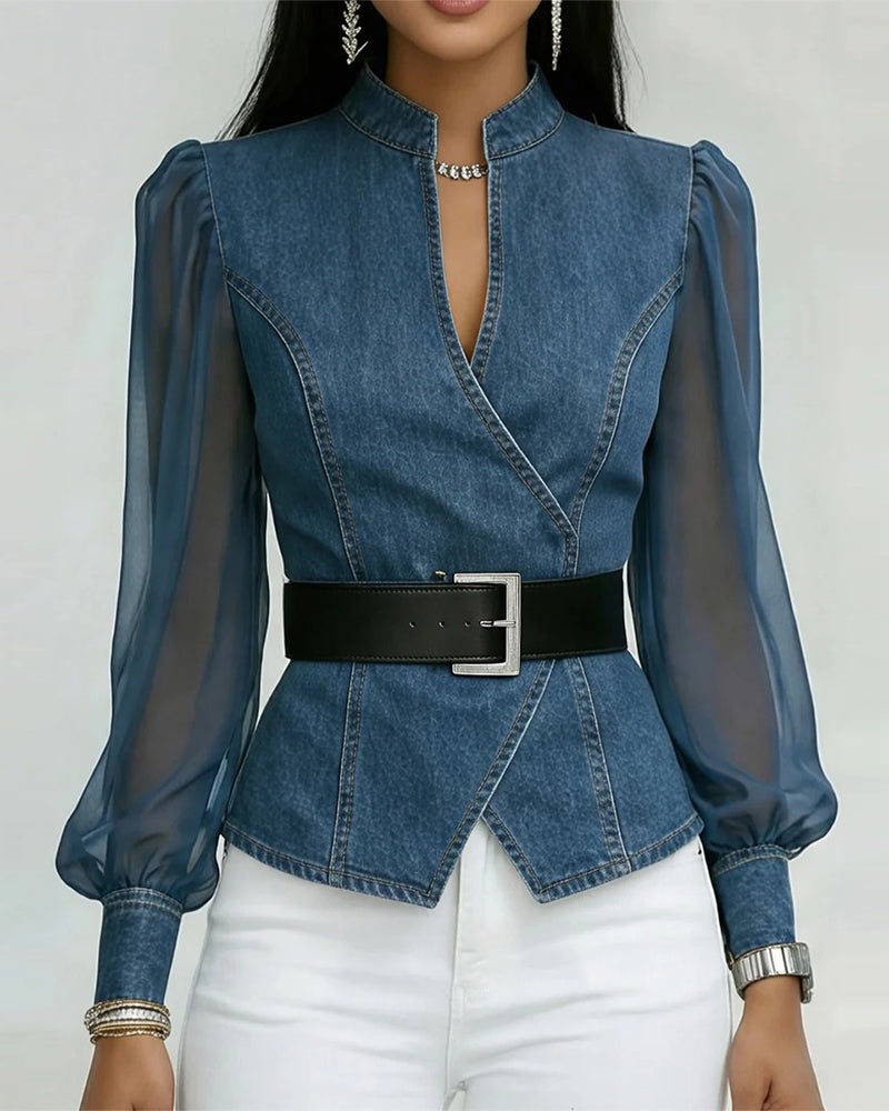 Blouse Élégante En Mesh Et Denim