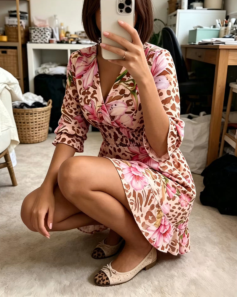 Robe Col V Imprimé Cintré Manche Ballon