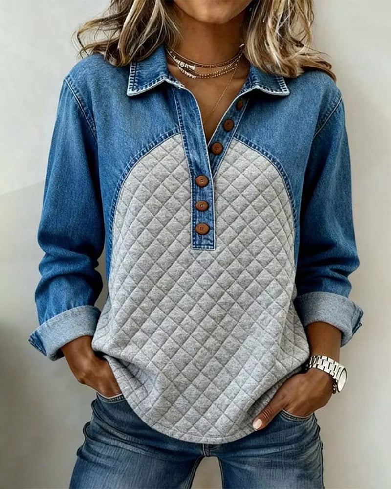 Sweatshirt Denim Patchwork Élégant