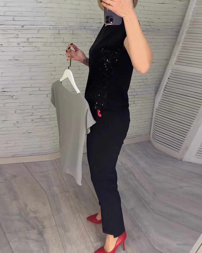 Blouses femme manches courtes en sequin