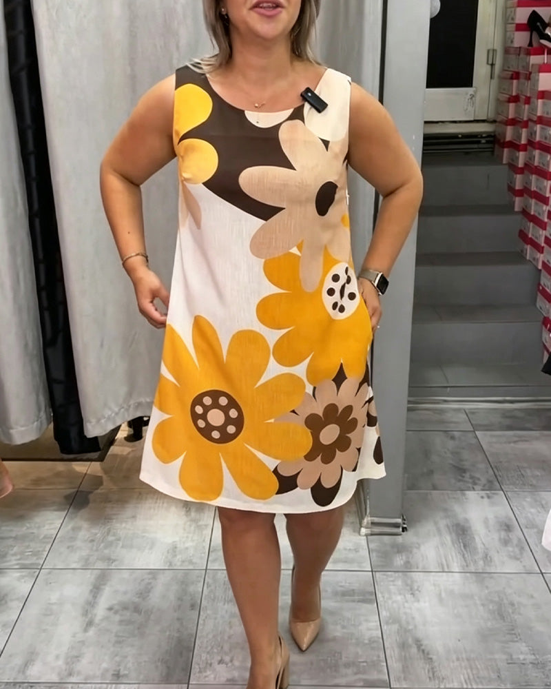 Robe Col Rond Imprimée Sans Manches