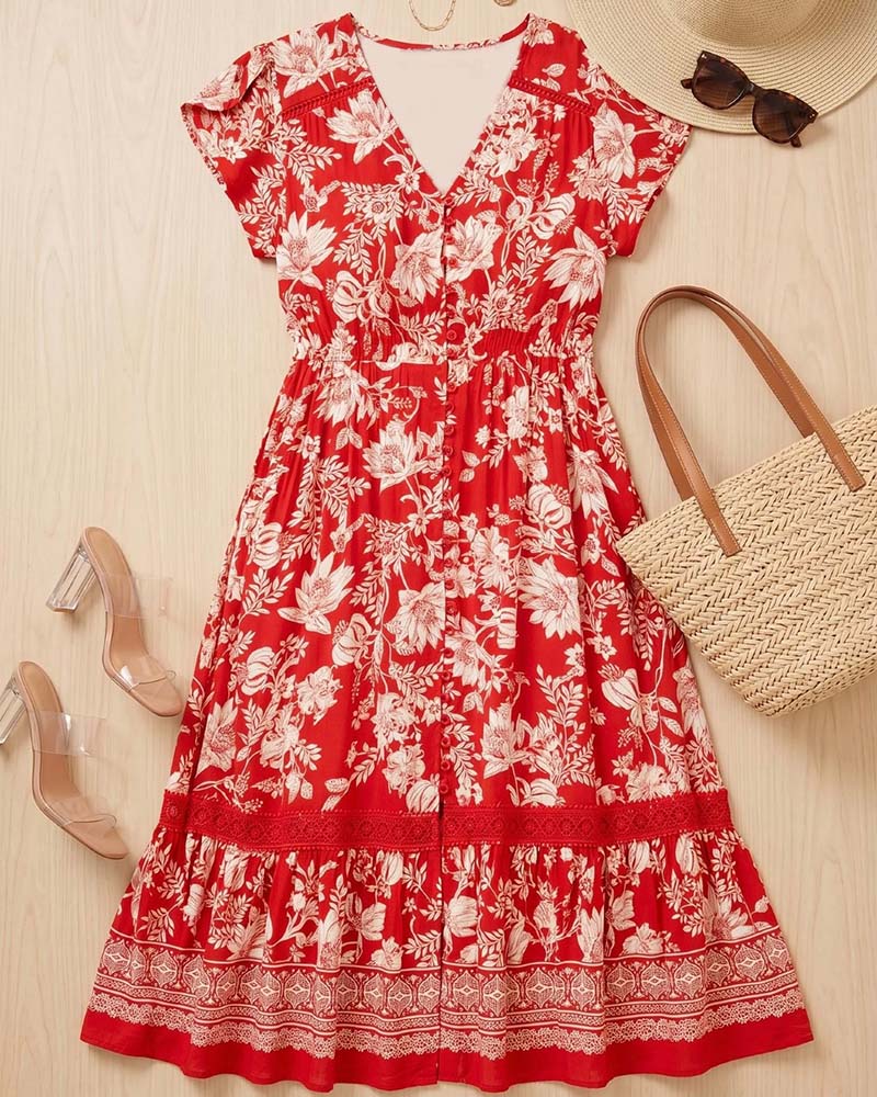 Robe Col V Florale Patchwork A-Ligne