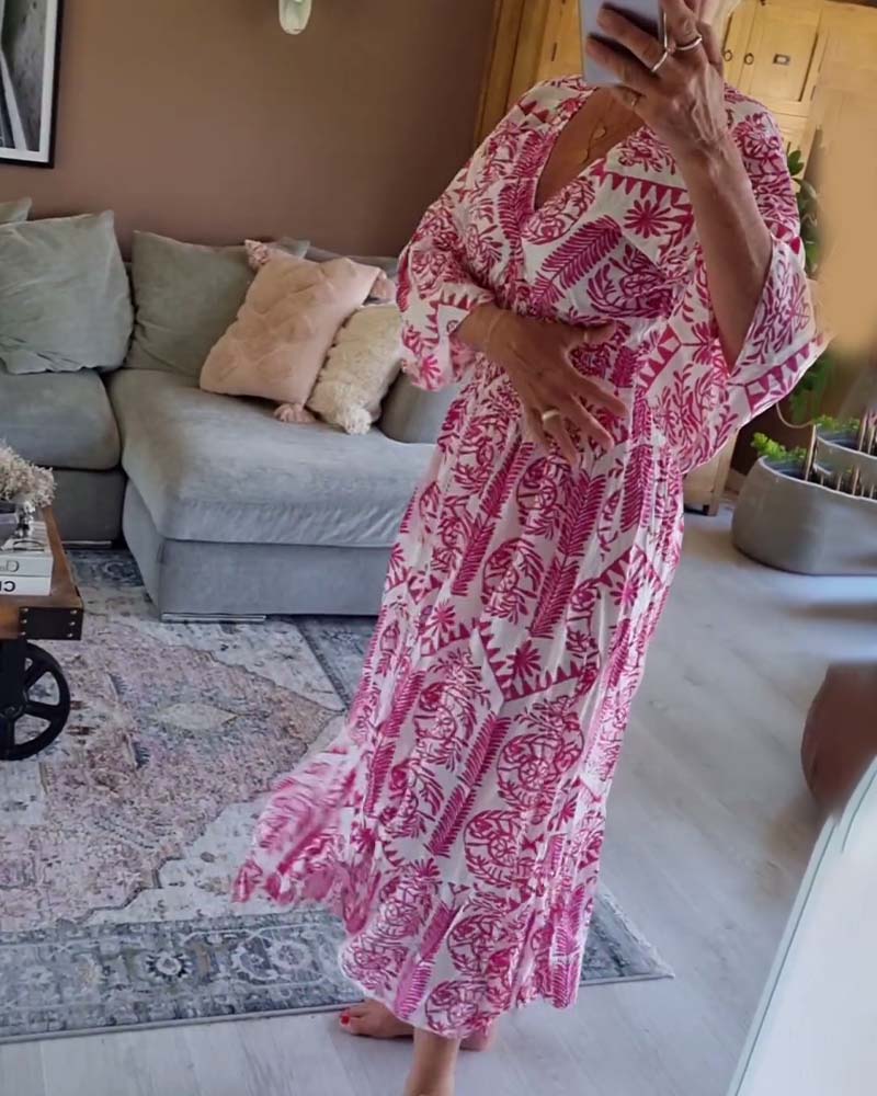 Robe élégante imprimée à col en V et manches cloche plissées