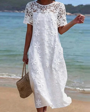 Robe Col Rond Dentelle Patchwork
