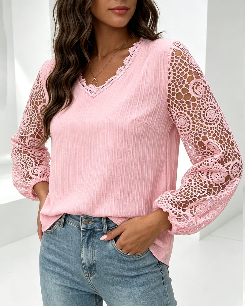 Blouse Col V Manche Lanterne Décontractée