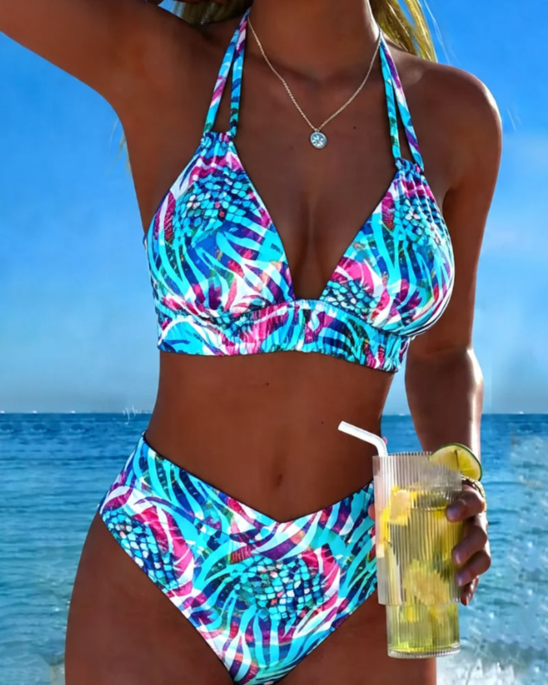 Bikini Imprimé Encolure Nœud Cou Deux Pièces