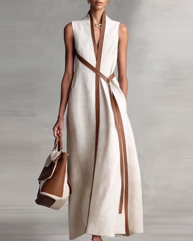 Robe Contraste Couleur Sans Manches Maxi