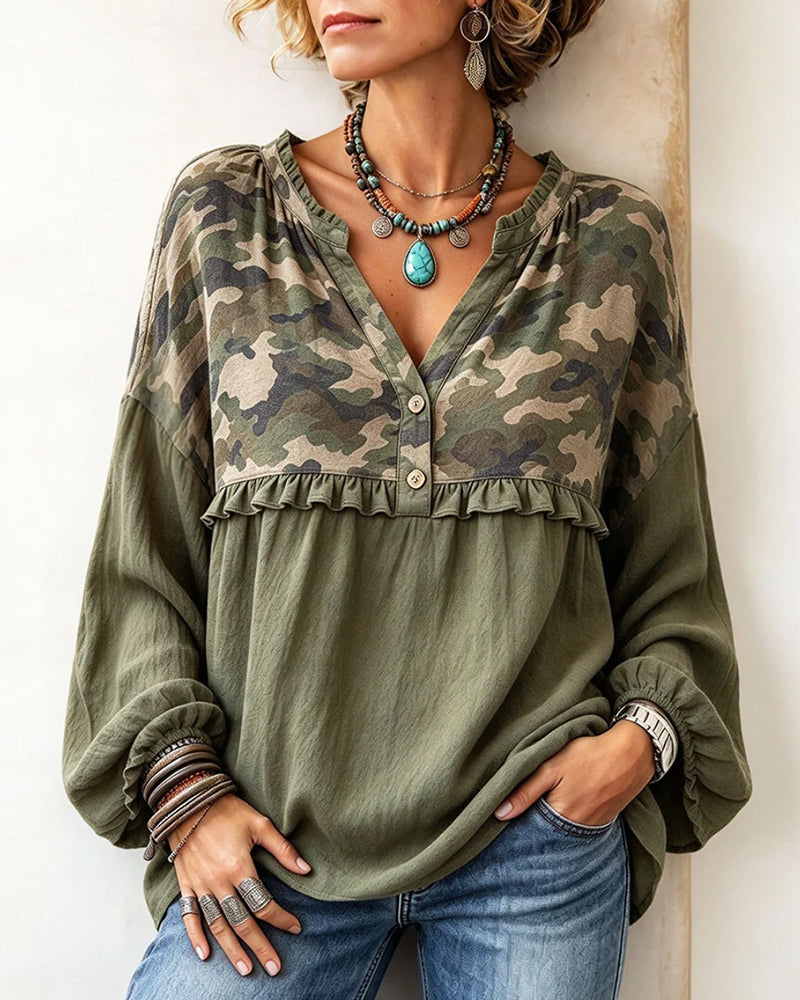 Haut Camo Patchwork Bordure Volantée Col En V
