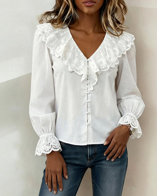 Blouse Col V Dentelle Garniture Simple Boutonnage