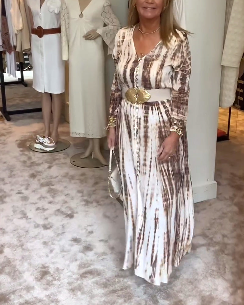 Robe imprimée taille fendue, manches longues et col en V