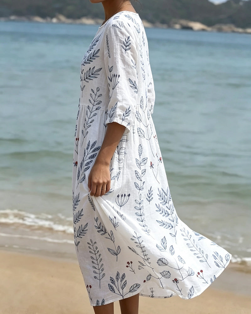 Robe Manches Courtes Col Rond Imprimé Feuille