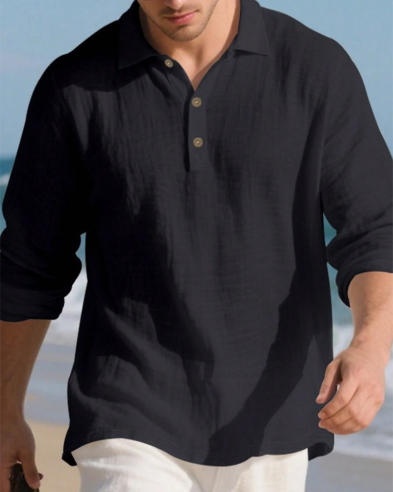 Chemise Homme Légère Coupe Ample Lin Manches Longues Polo