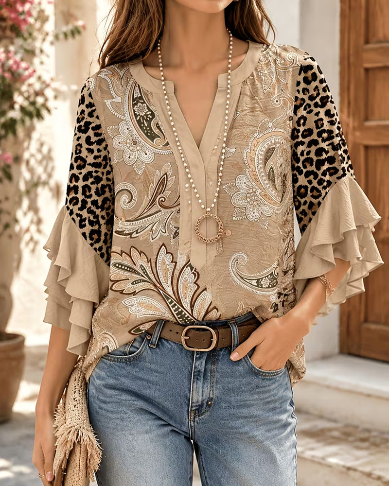 Blouse Léopard Imprimé Panneau Volant Manche