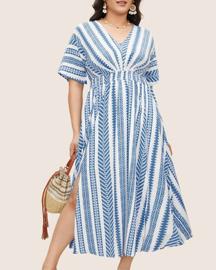 Robe Profond V Bleu Blanc Rayure Géométrique Taille