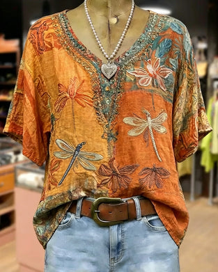 Blouse Vintage Imprimé Libellule Décontractée