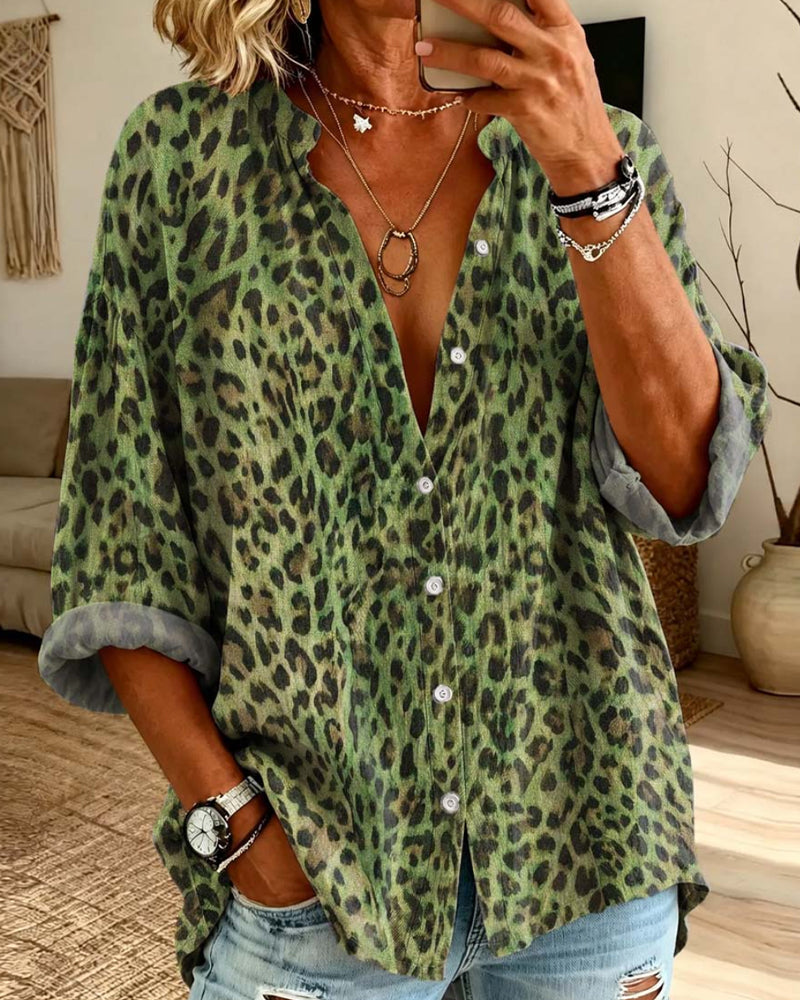 Chemise Col En V Bouton Léopard Manches Longues