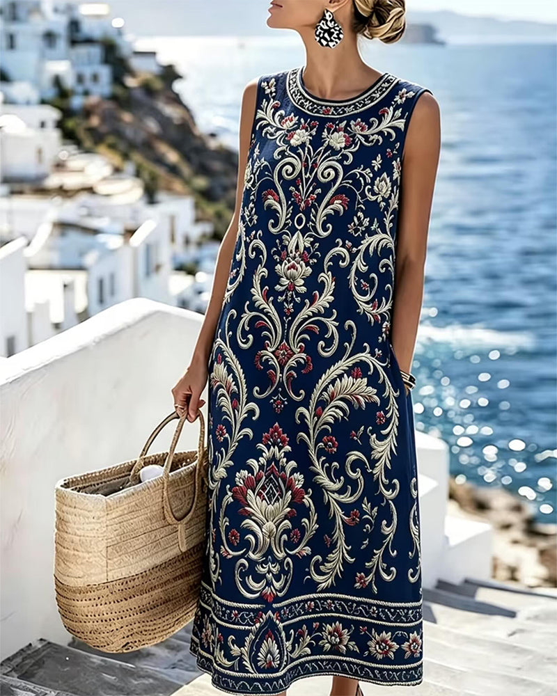 Kleid Vintage Geblümt Ärmellos Lang