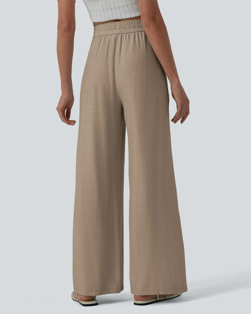 Pantalon Taille Élastique Jambe Large Attacher Décontracté