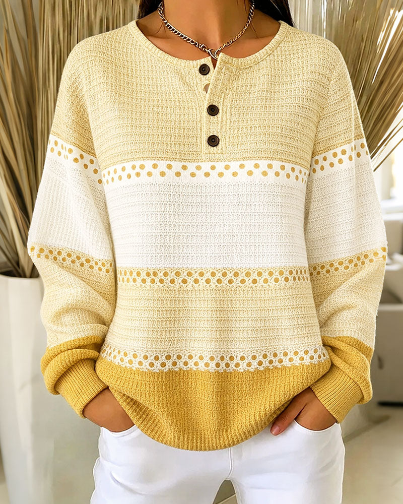 Sweatshirt Bloc De Couleur Tricot Gaufré Henley Pullover