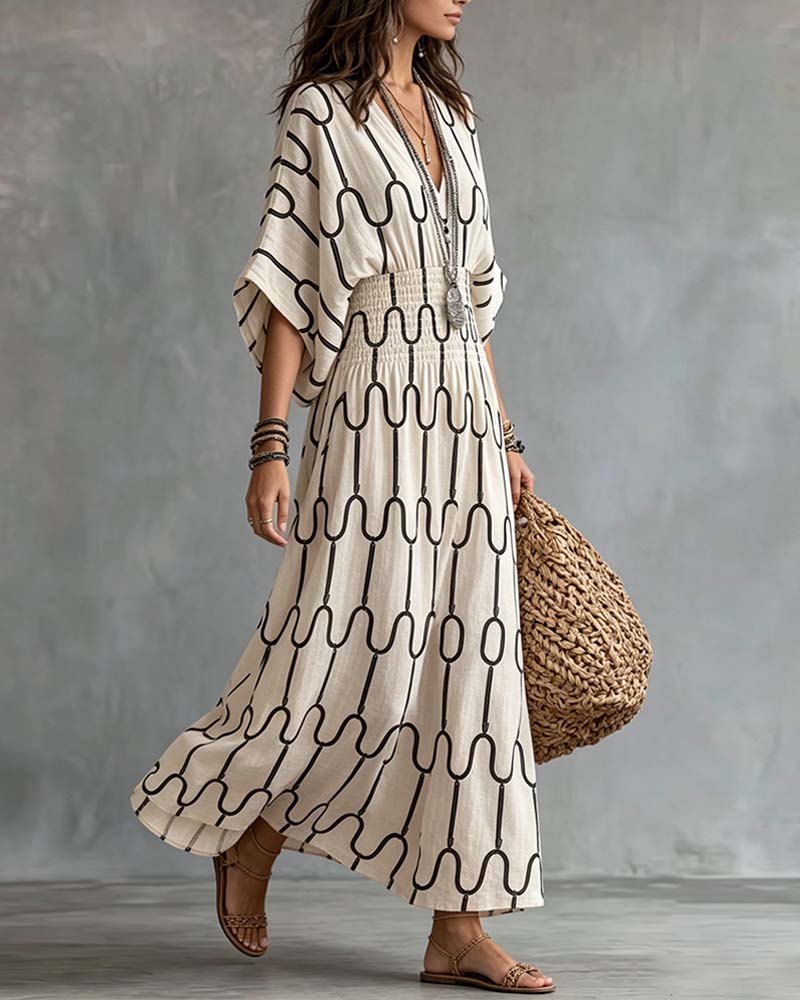 Robe Encolure V Motif Géométrique Ligne A