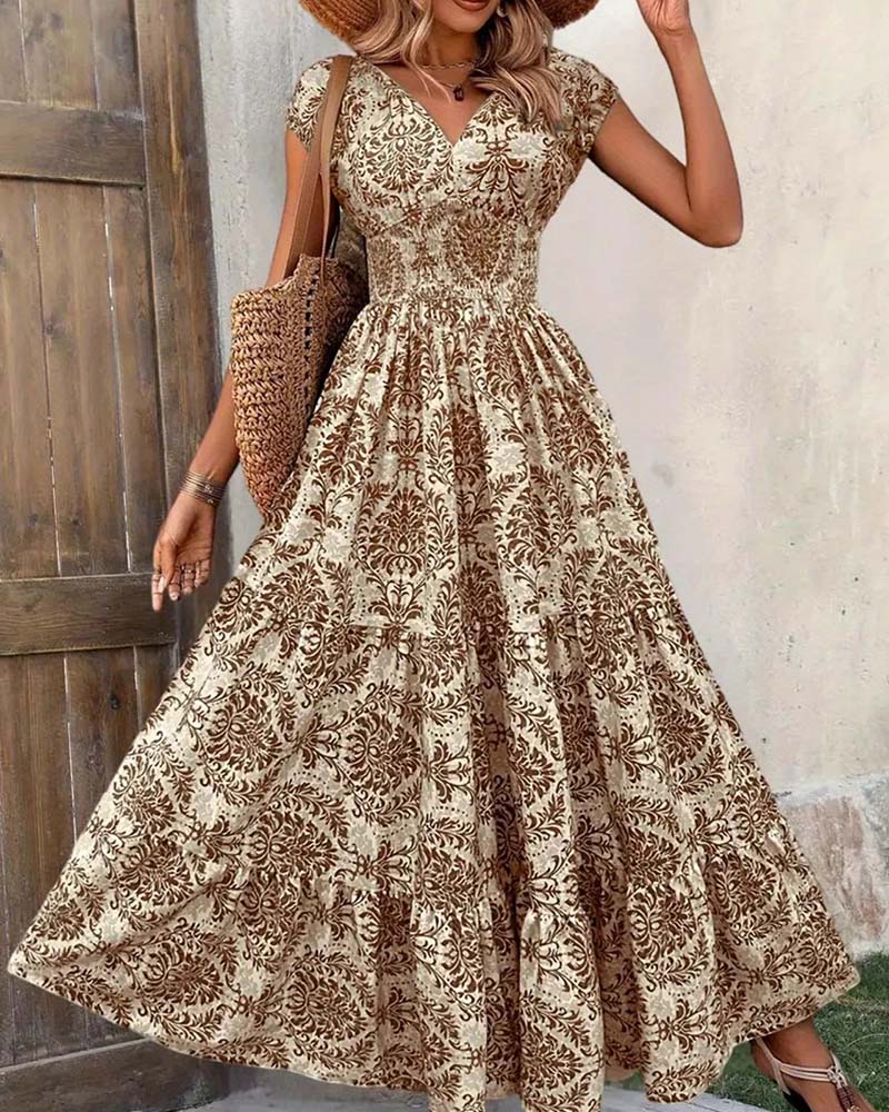 Robe Rétro Imprimé Col En V Taille Cintrée Longue