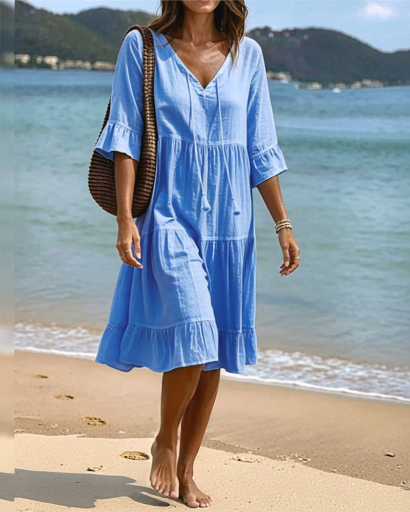 Robe Évasée Demi-Manche Nœud À La Taille