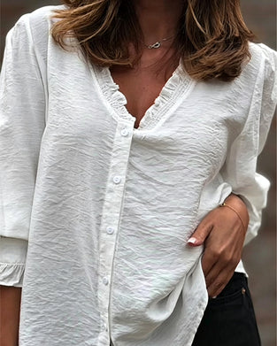 Blouse Col En V Bouton Devant Volant Manches Ballon