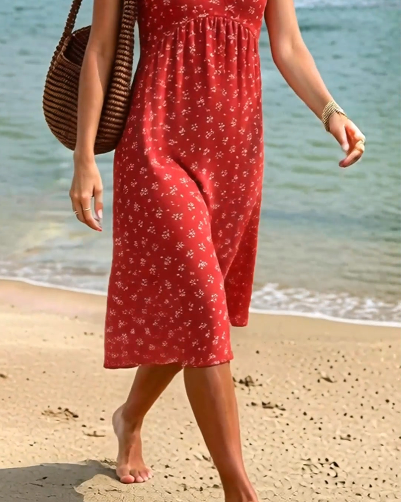 Robe Col V Fleuri Petites Manches Volantes