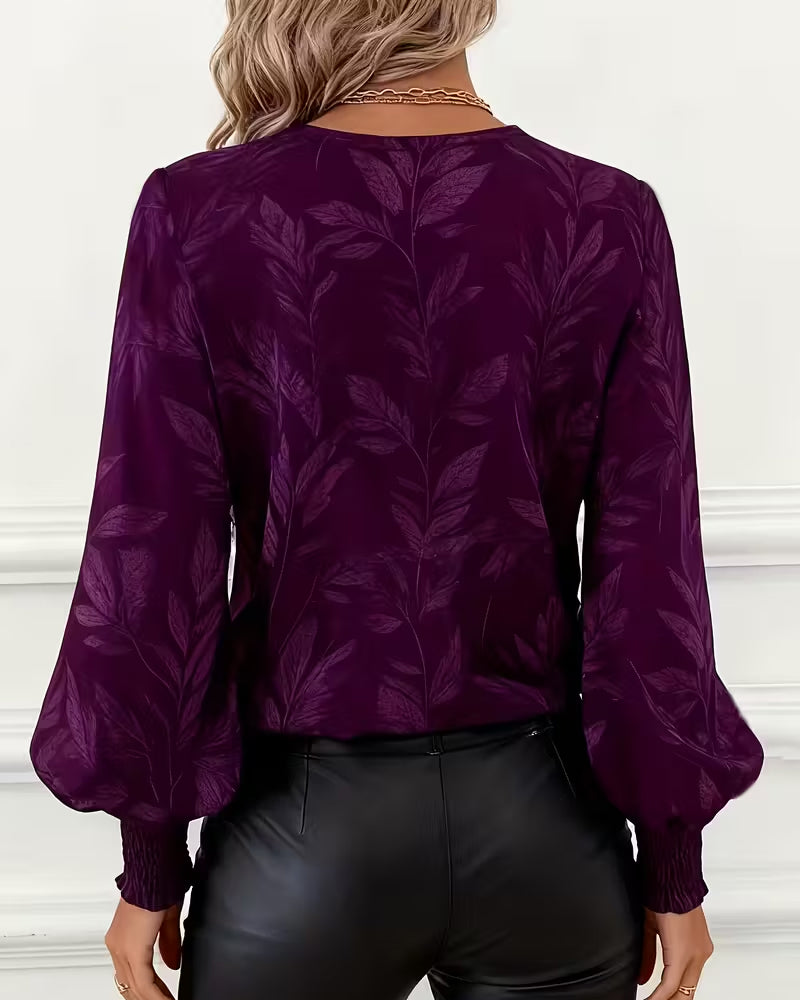 Blouse Motif De Feuille Col V Manches Longues