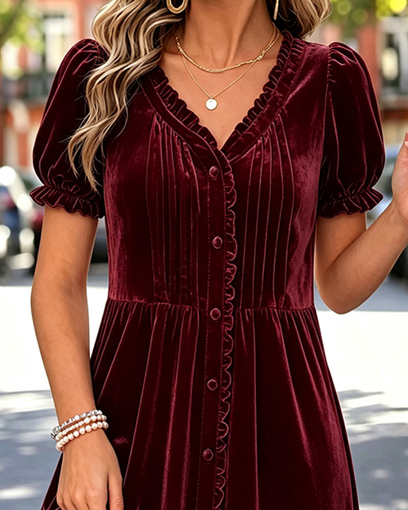 Robe Col V Manche Bouffante Froncée