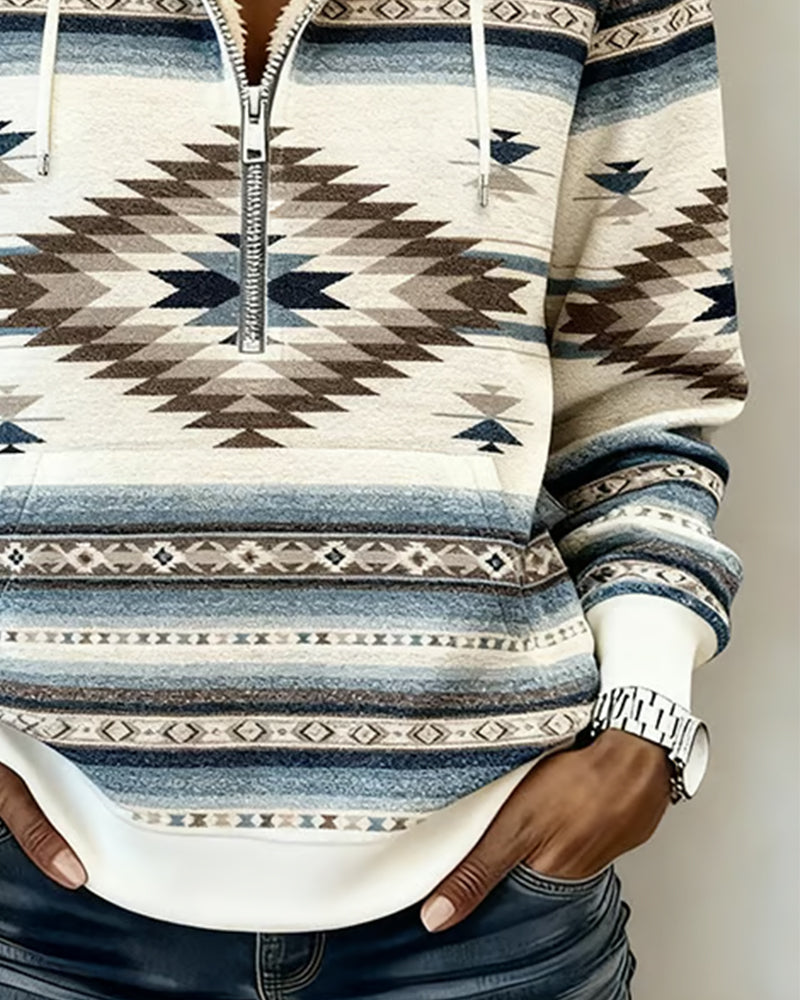 Sweat-shirt à capuche demi-zip imprimé rétro