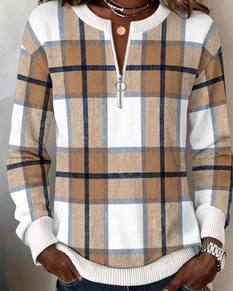 Sweatshirt À Carreaux Demi-Fermeture Éclair Col Rond Pull-Over