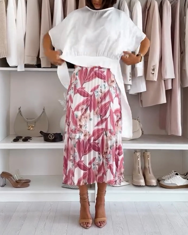 Blouse Couleur Unie Taille Nouée Manche Courte