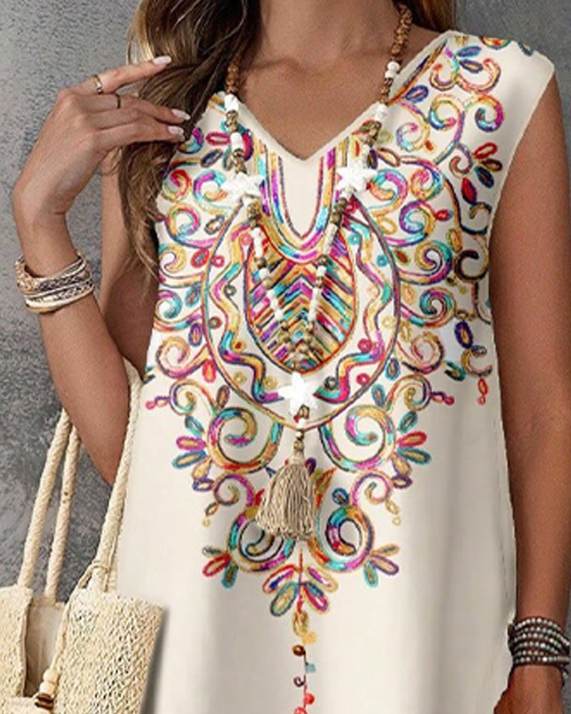 Robe Style Ethnique Imprimé Sans Manches Fente Longue