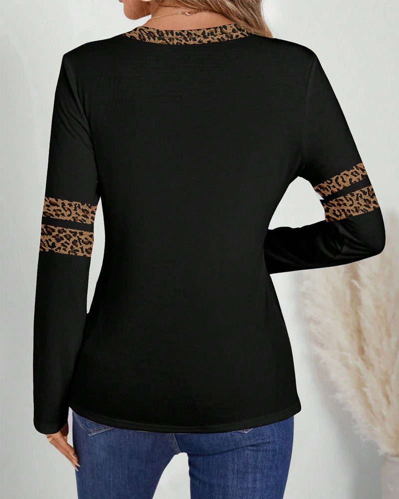 Top Avec Design à Col V, Motif de Léopard Et Détail de Bloc de Couleur