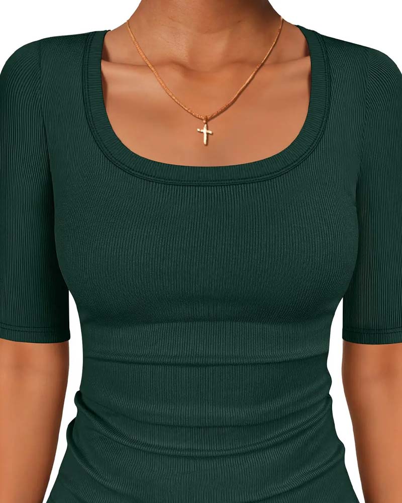T-Shirt Ajusté Col En U Manches Mi-Longues